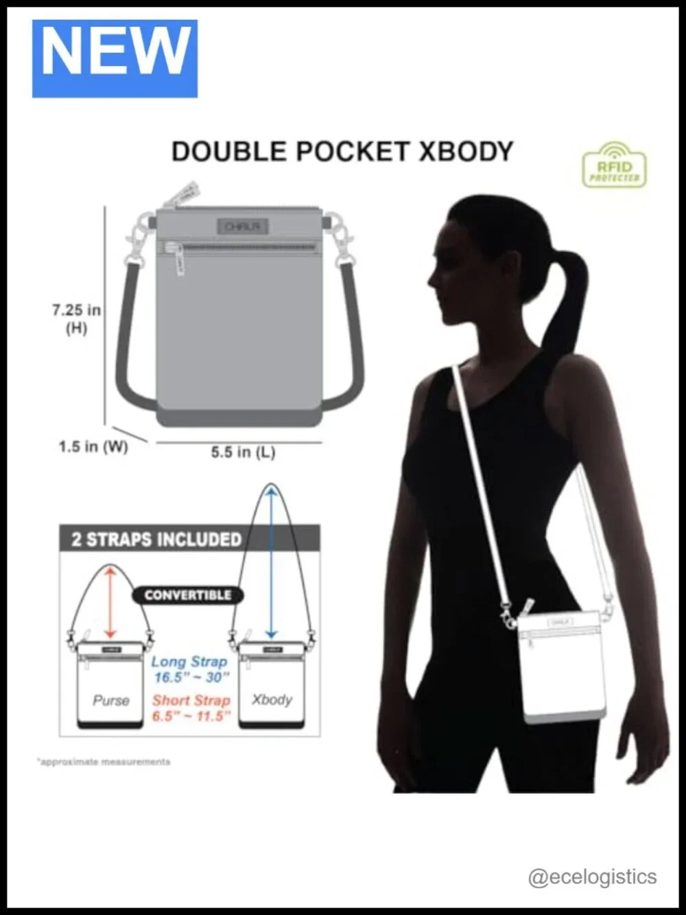 CHALA Double Pocket Crossbody Purse RFID Canvas Adjustable Strap